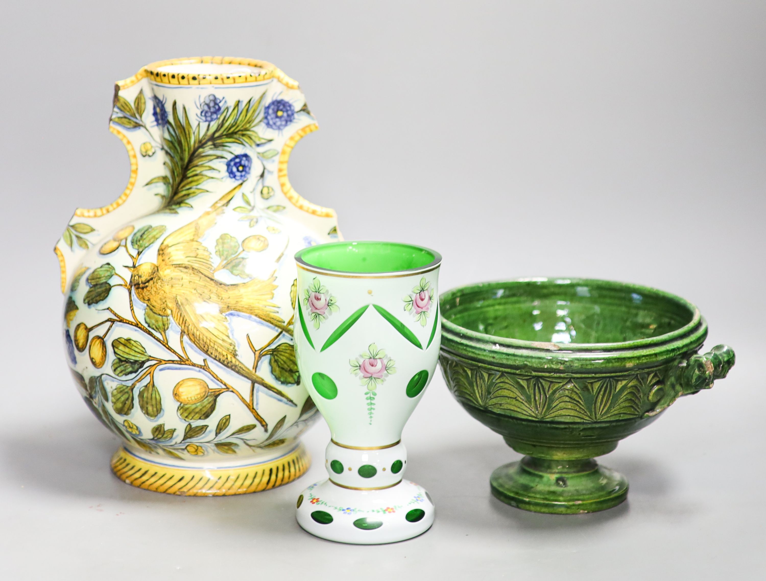 A Cantagalli maiolica vase (a.f.), a Bohemian vase and a green pottery bowl 27cm